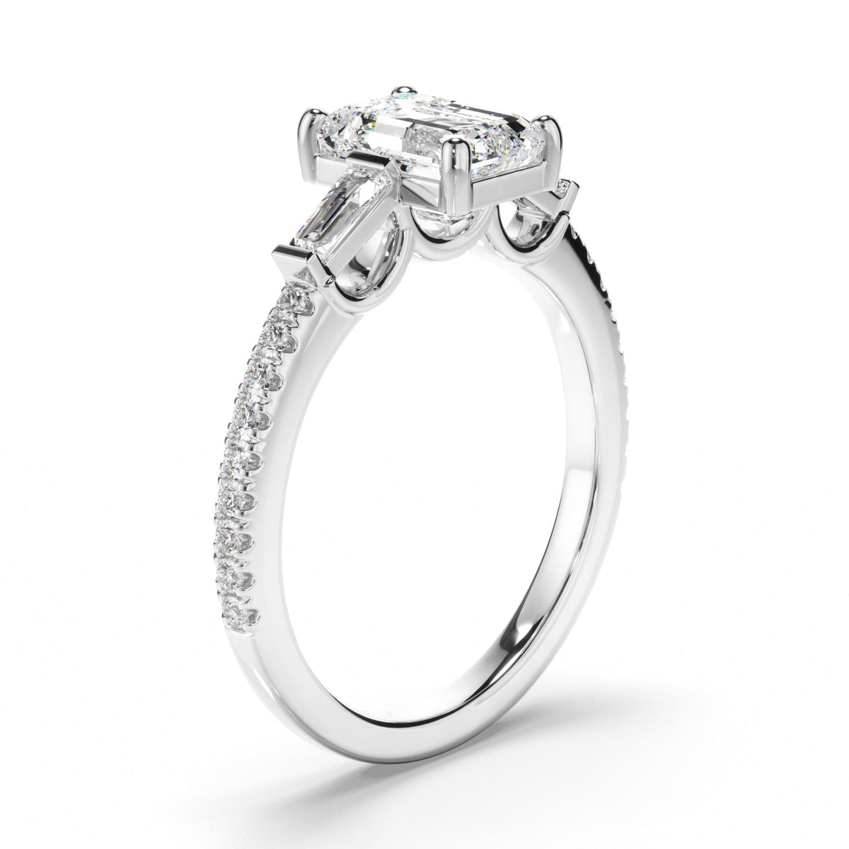 Emerald Cut Diamond Engagement Ring with Baguette & Pave Sides