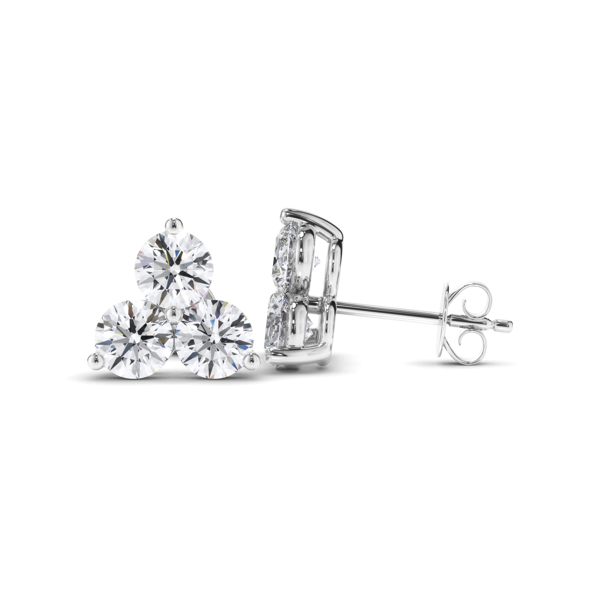 Round Brilliant Cut Diamond 3-Stone Stud Earrings