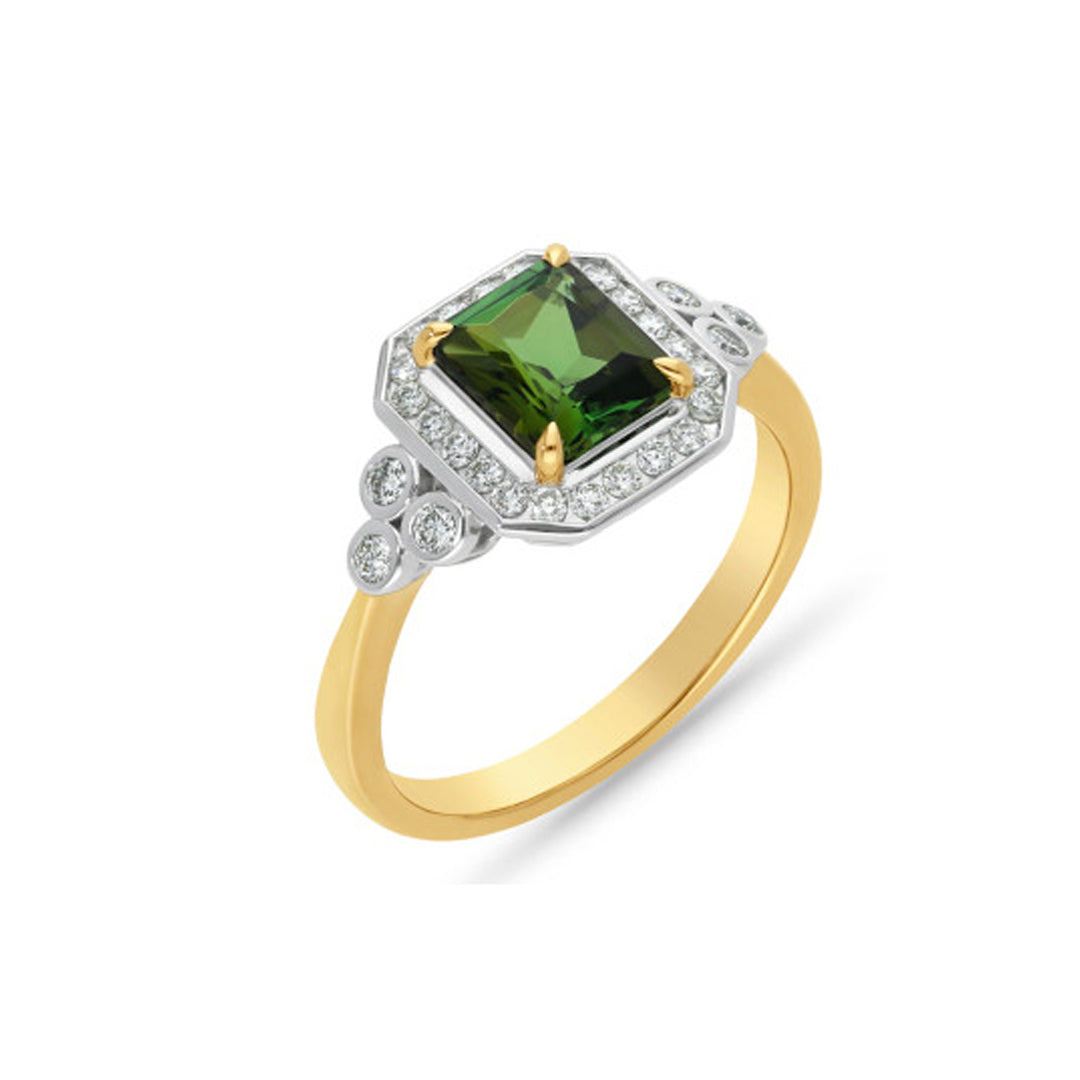 9ct Yellow & White Gold Green Tourmaline & Diamond Ring