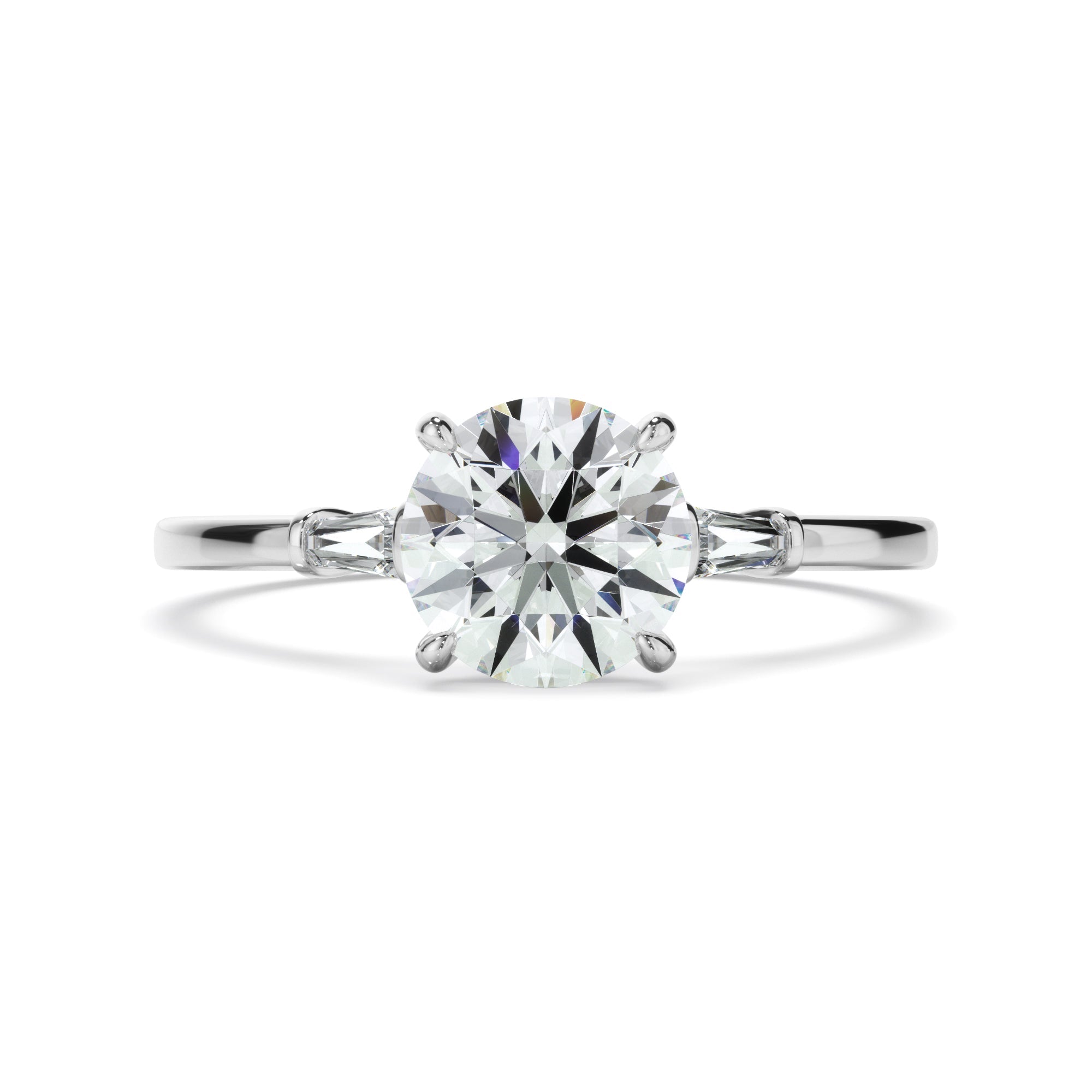 Round Brilliant Cut Diamond Engagement Ring With Baguette Sides