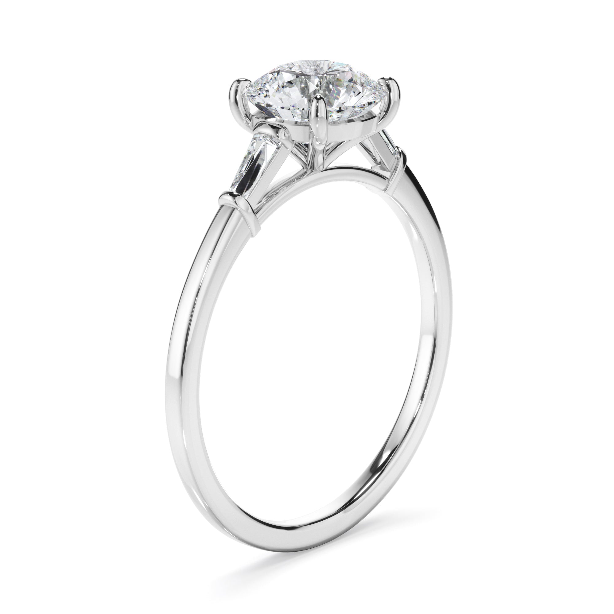 Round Brilliant Cut Diamond Engagement Ring With Baguette Sides