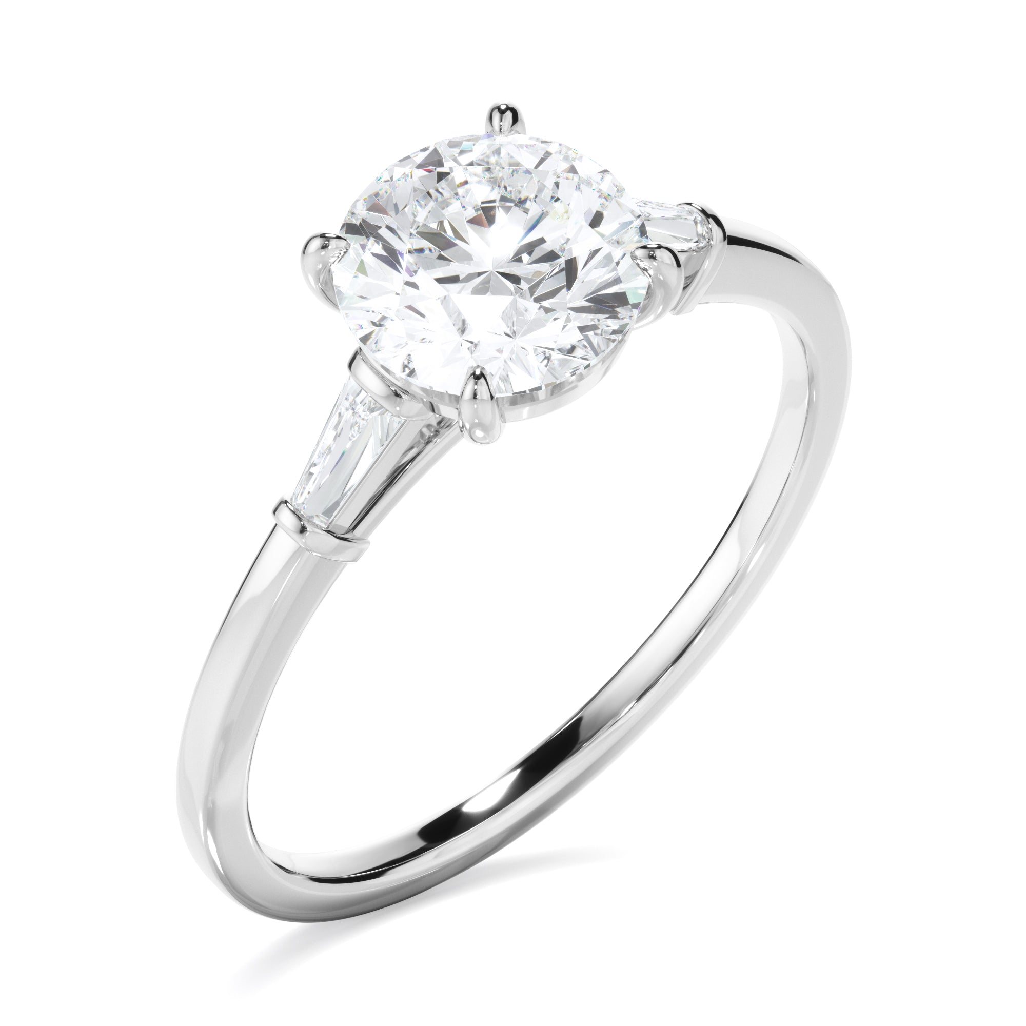 Round Brilliant Cut Diamond Engagement Ring With Baguette Sides