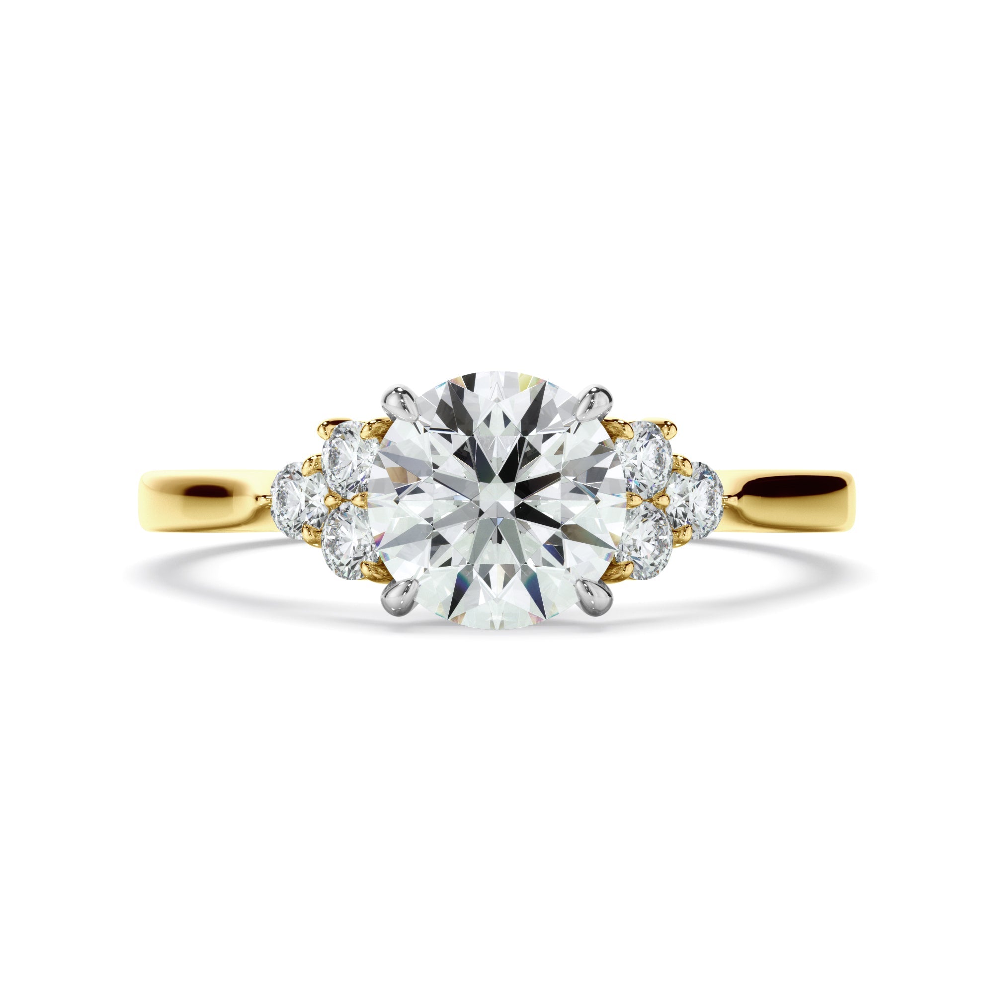 Round Brilliant Cut Diamond Engagement Ring With Diamond Cluster Sides