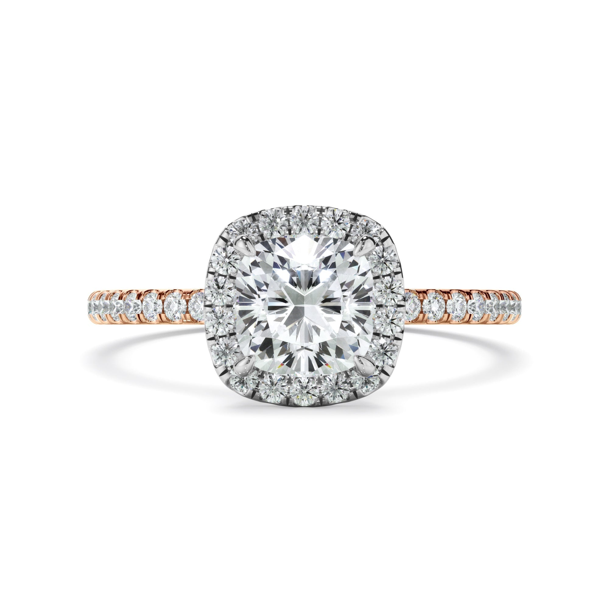 Cushion Cut Diamond Halo Engagement Ring With Pave Band