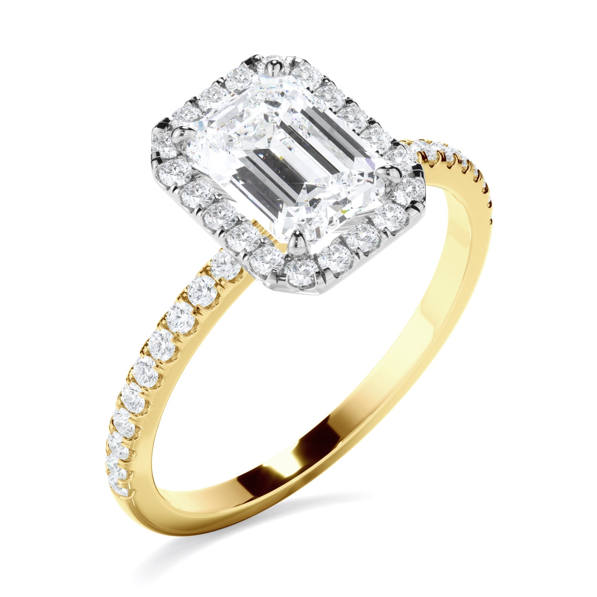 Emerald Cut Diamond Halo Engagement Ring With Pave Band