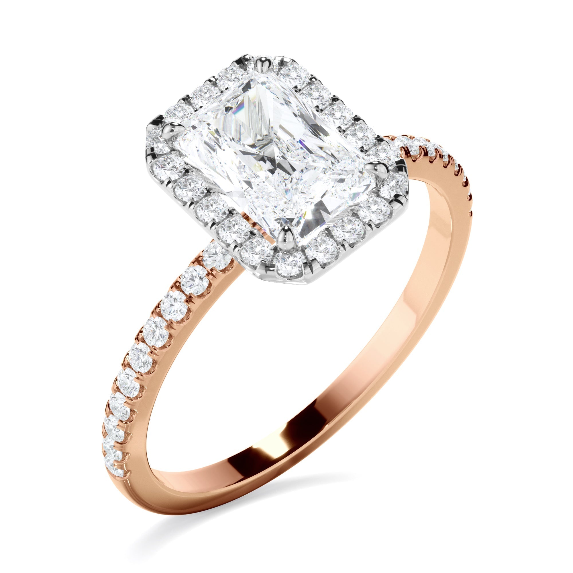 Radiant Cut Diamond Halo Engagement Ring With Pave Band