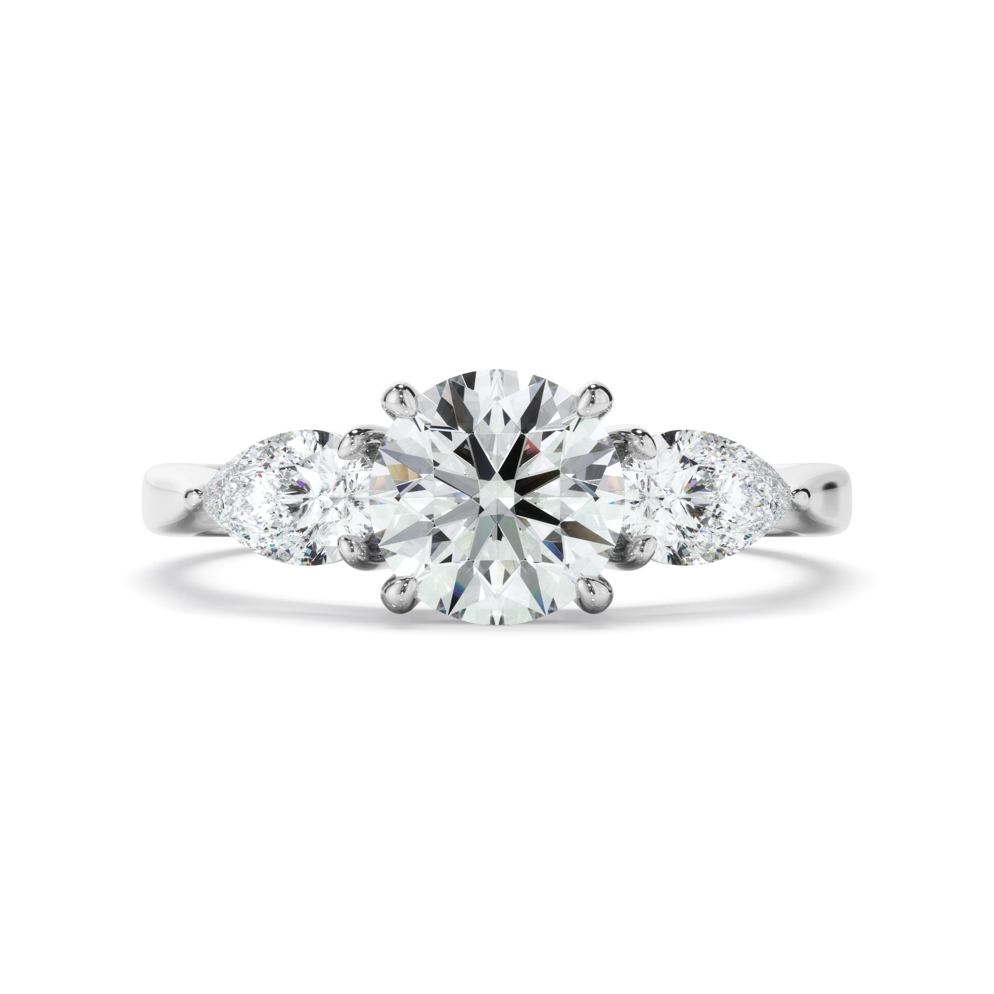 Round Brilliant Cut Diamond Engagement Ring With Pear Cut Diamond Sides