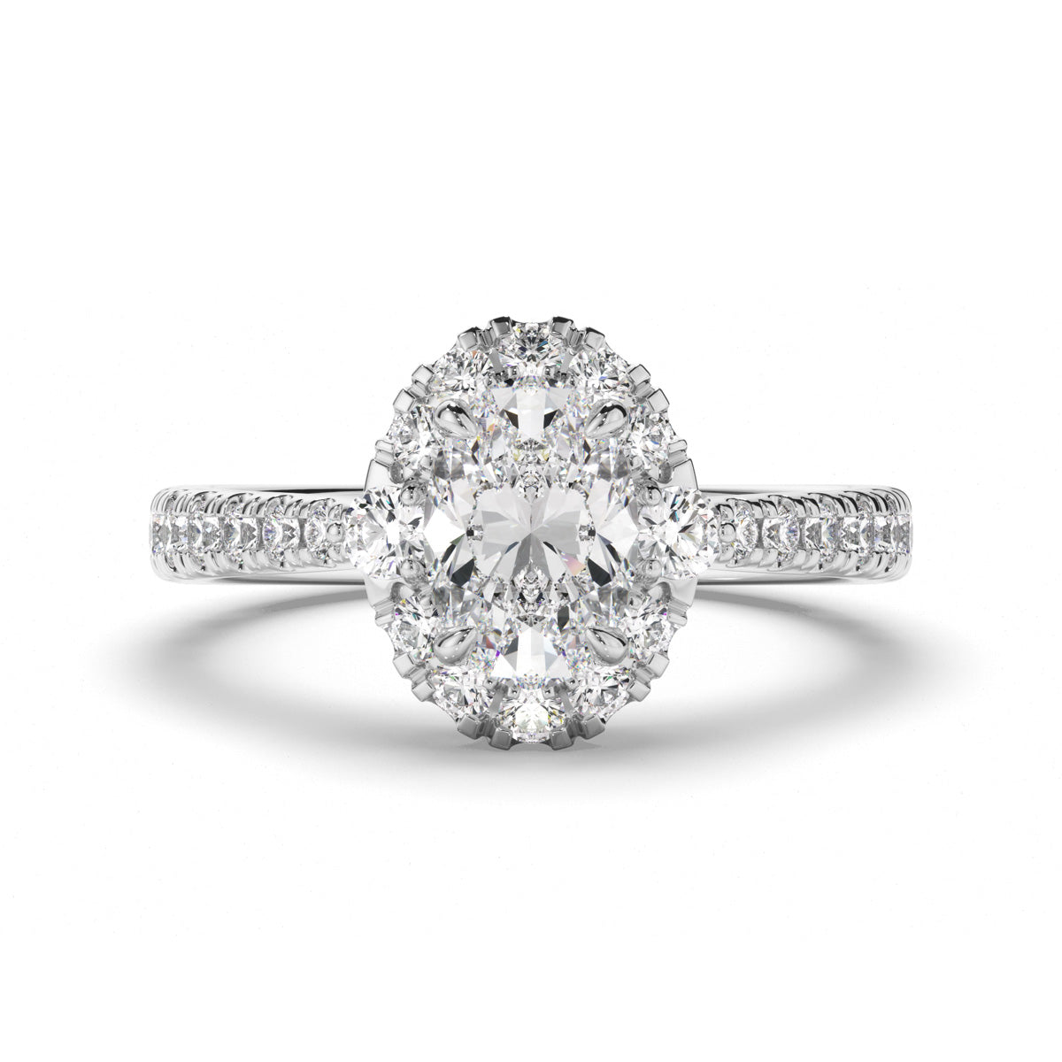 Oval Cut Diamond Halo Engagement Ring with Diamond Sides