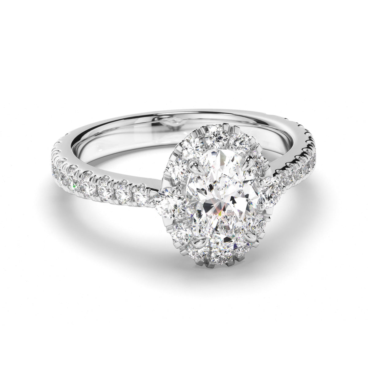 Oval Cut Diamond Halo Engagement Ring with Diamond Sides