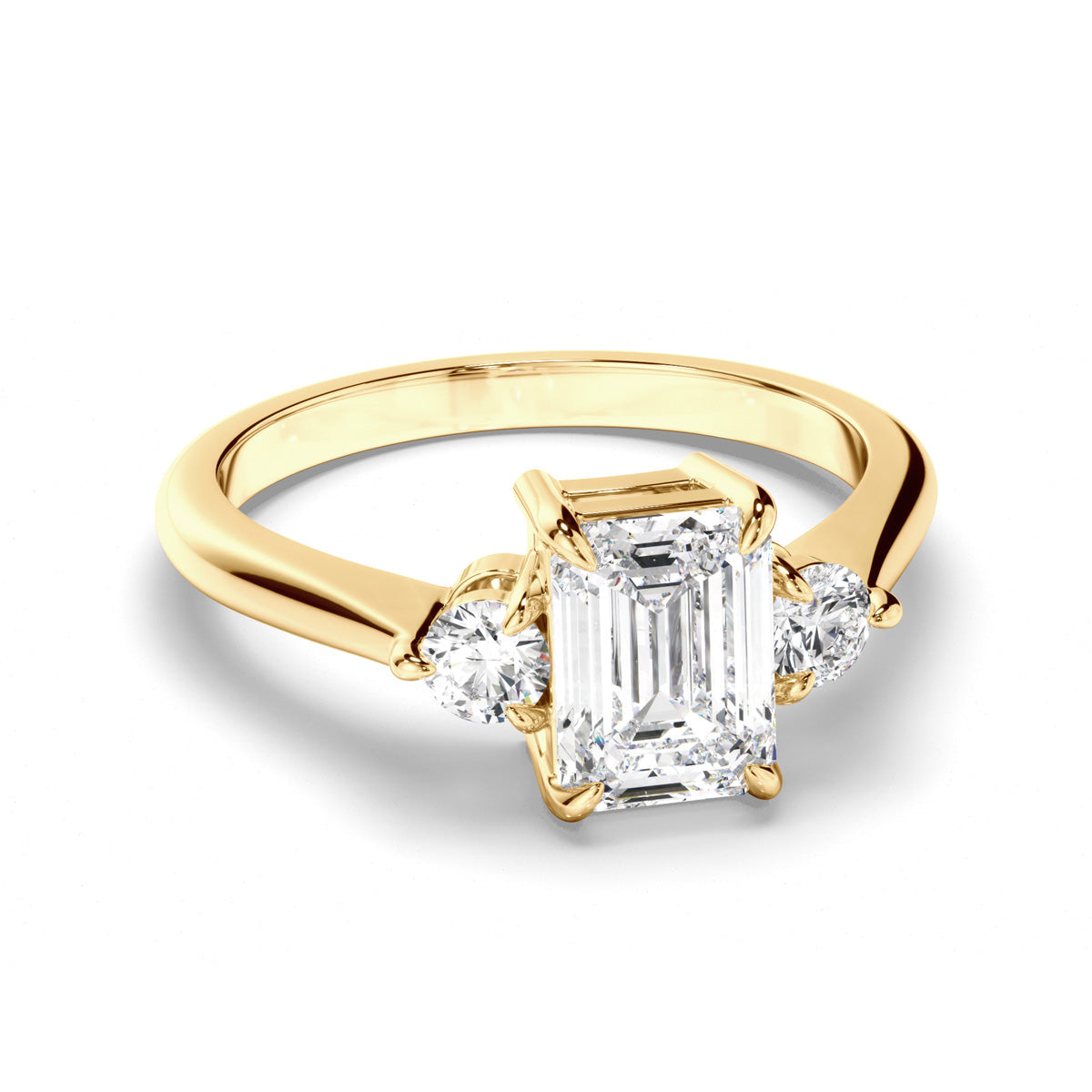 Emerald Cut Diamond Trilogy Engagement Ring with Round Brilliant Sides