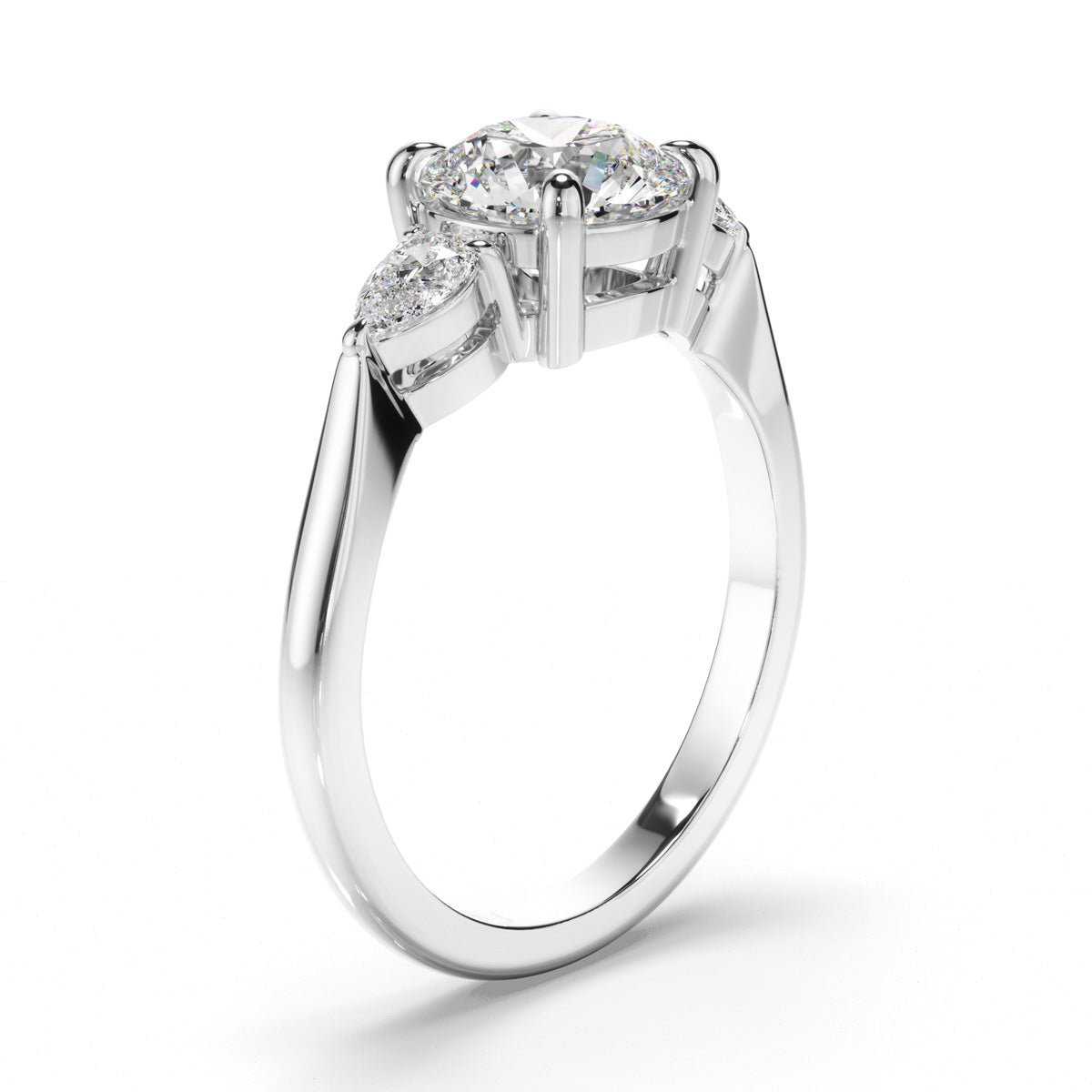 Round Brilliant Cut Diamond Trilogy Engagement Ring with Pear Sides