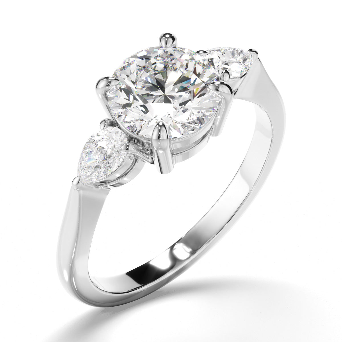 Round Brilliant Cut Diamond Trilogy Engagement Ring with Pear Sides