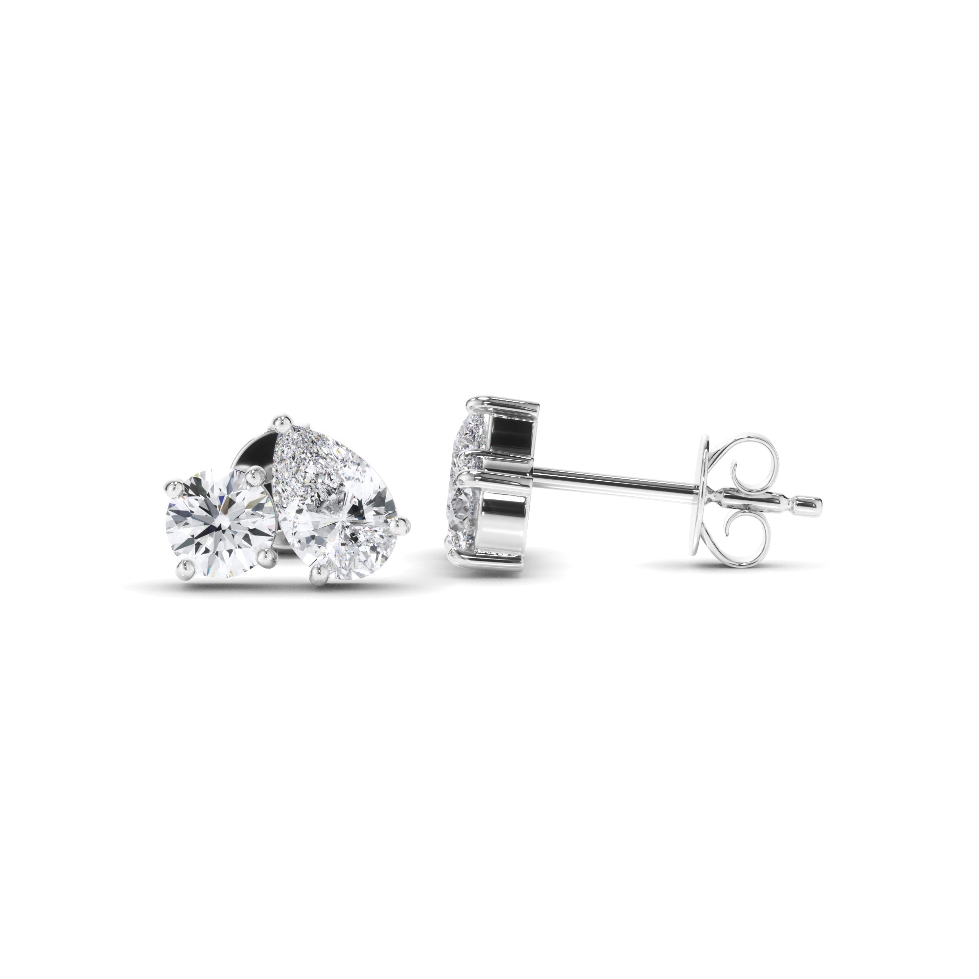 Pear & Round Brilliant Cut Diamond Toi et Moi Stud Earrings