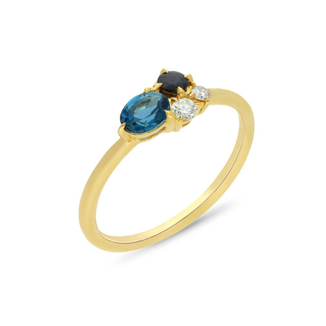 9ct Yellow Gold Ceylon & Dark Sapphire & Diamond Ring