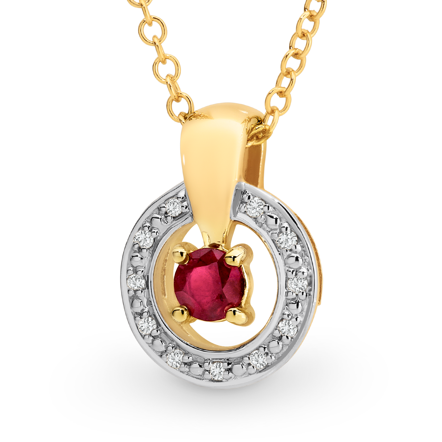 Ruby & Diamond Claw-Bead Set Pendant in 9ct Yellow Gold