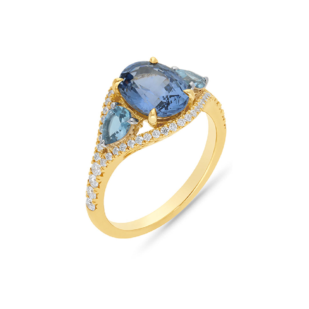 18ct Yellow & White Gold Ceylon Sapphire, Aquamarine & Diamond Ring